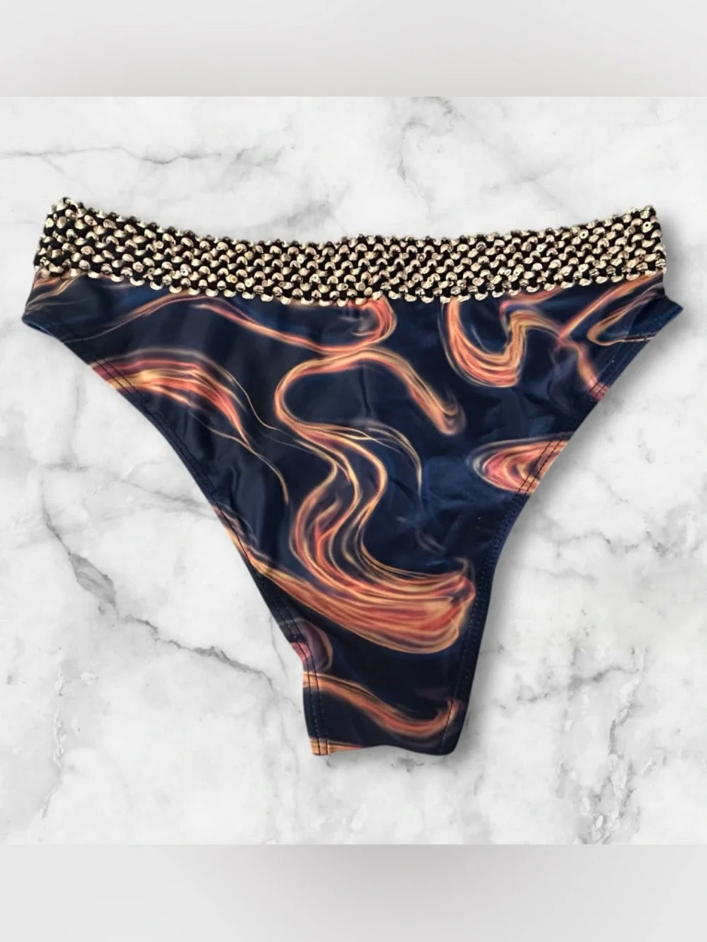 NWOT 2Pc Swimsuit Bikini Navy Orange Swirl Textured Gold Sequin Trim Size M - Picture 6 of 12